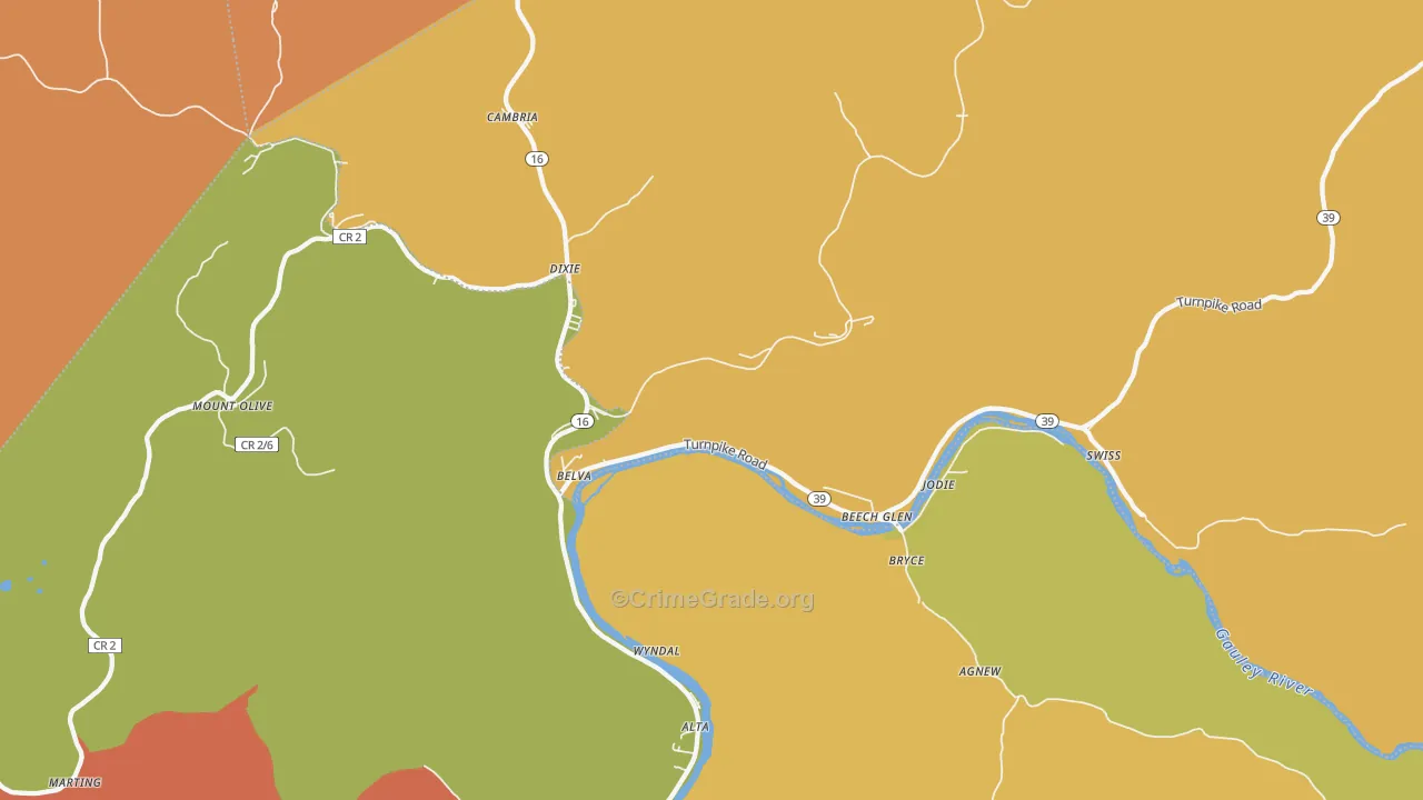 Belva, WV Map of Burglary Rates