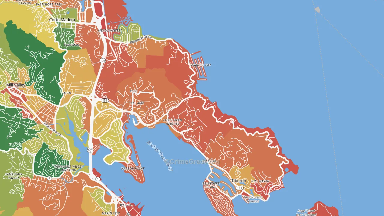 Belvedere-Tiburon, CA Map of Burglary Rates