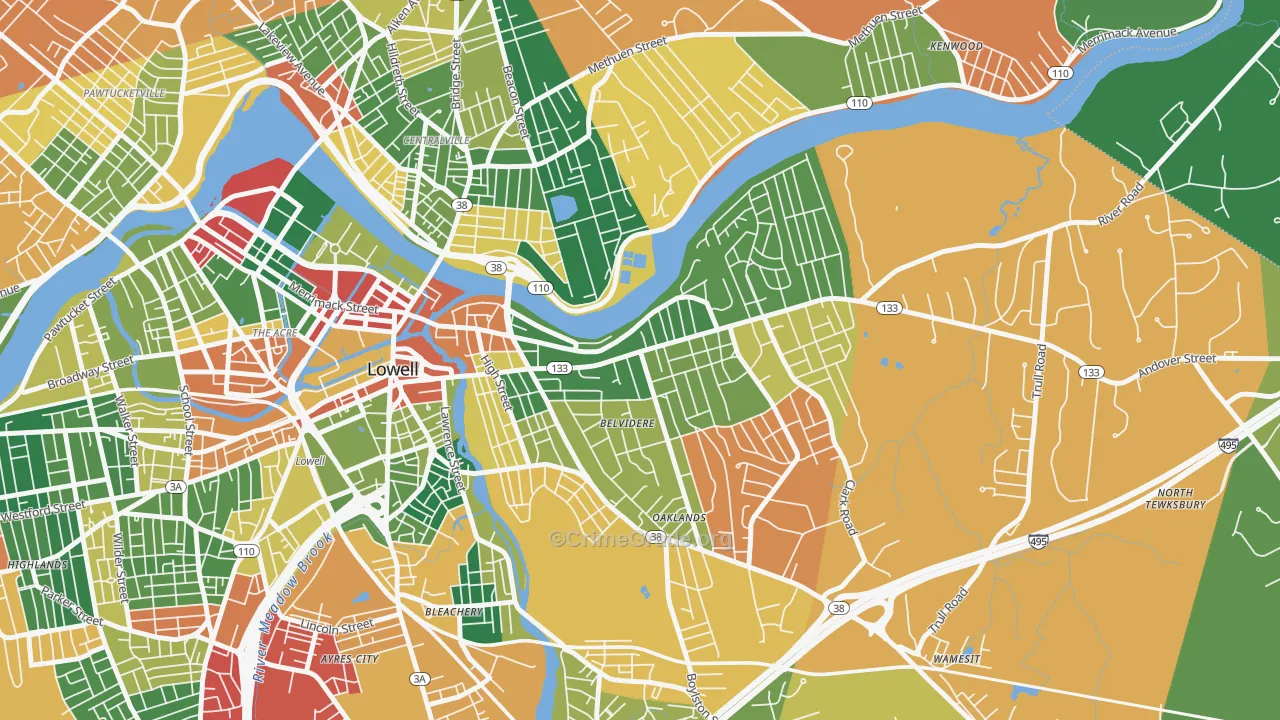 Belvidere, Lowell, MA Map of Burglary Rates