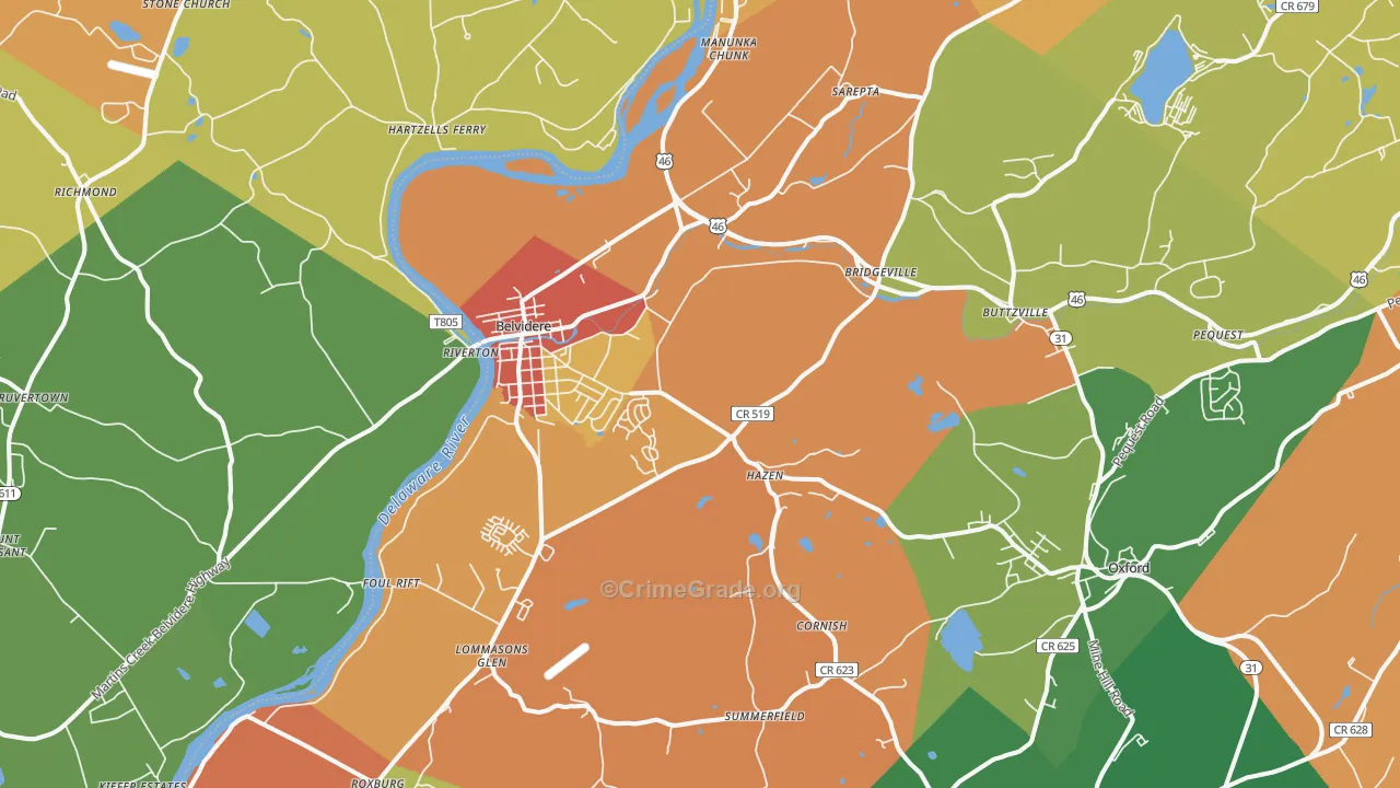 Belvidere, NJ Map of Burglary Rates