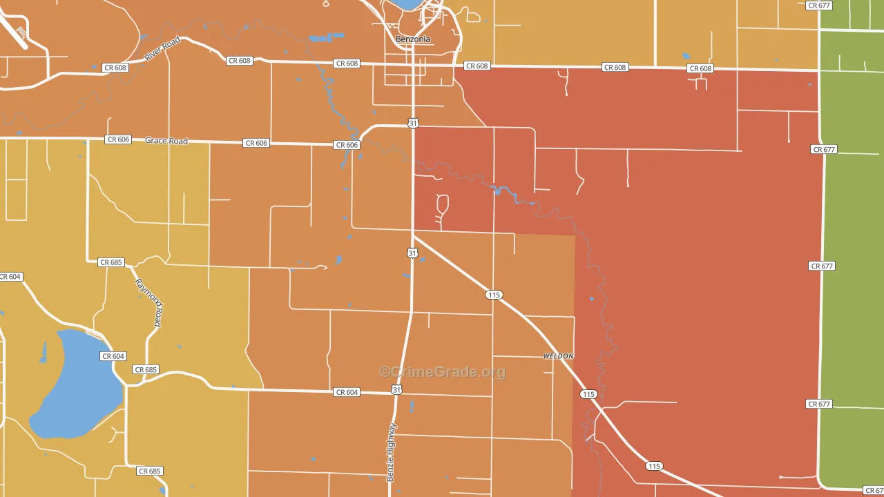 Benzonia, MI Map of Burglary Rates