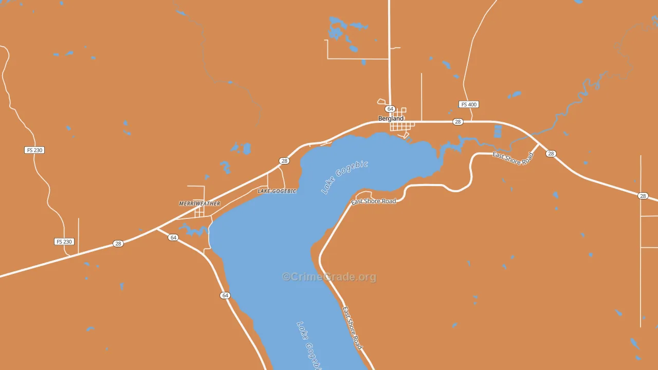Bergland, MI Map of Burglary Rates
