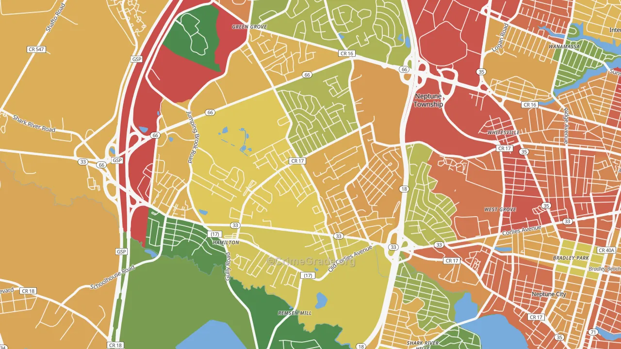 Berkley Estates, Neptune, NJ Map of Burglary Rates