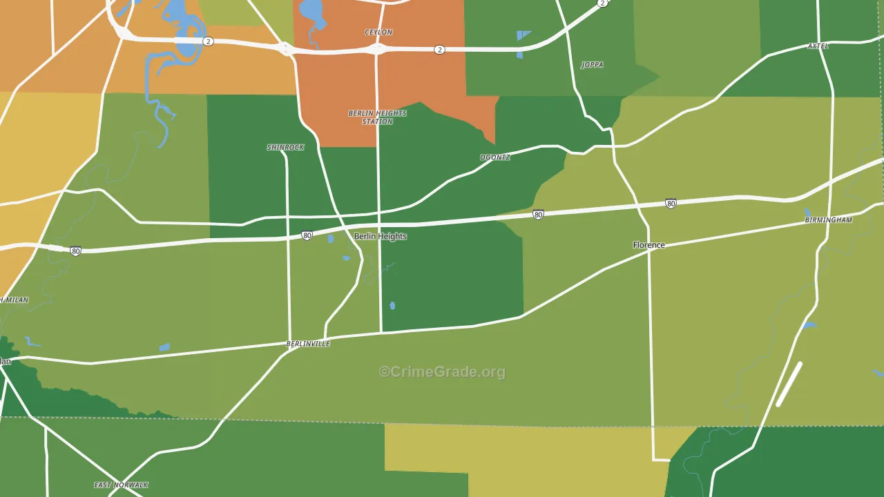 Berlin Heights, OH Map of Burglary Rates