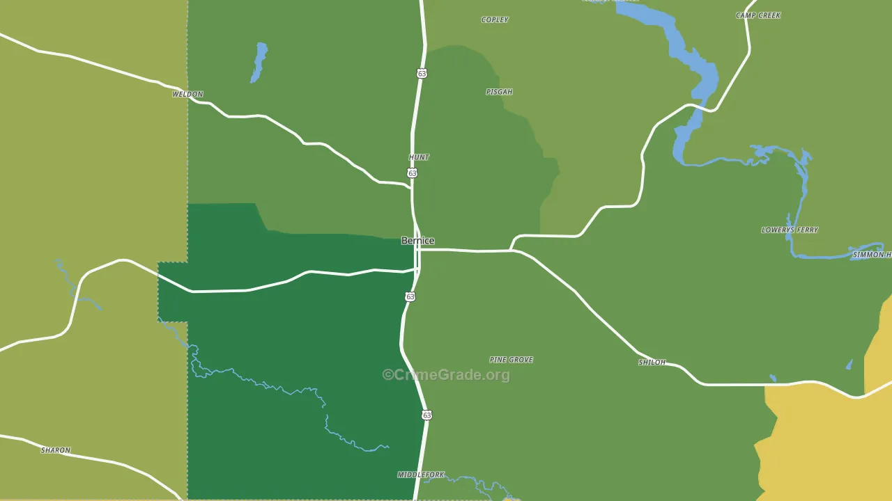 Bernice, LA Map of Burglary Rates