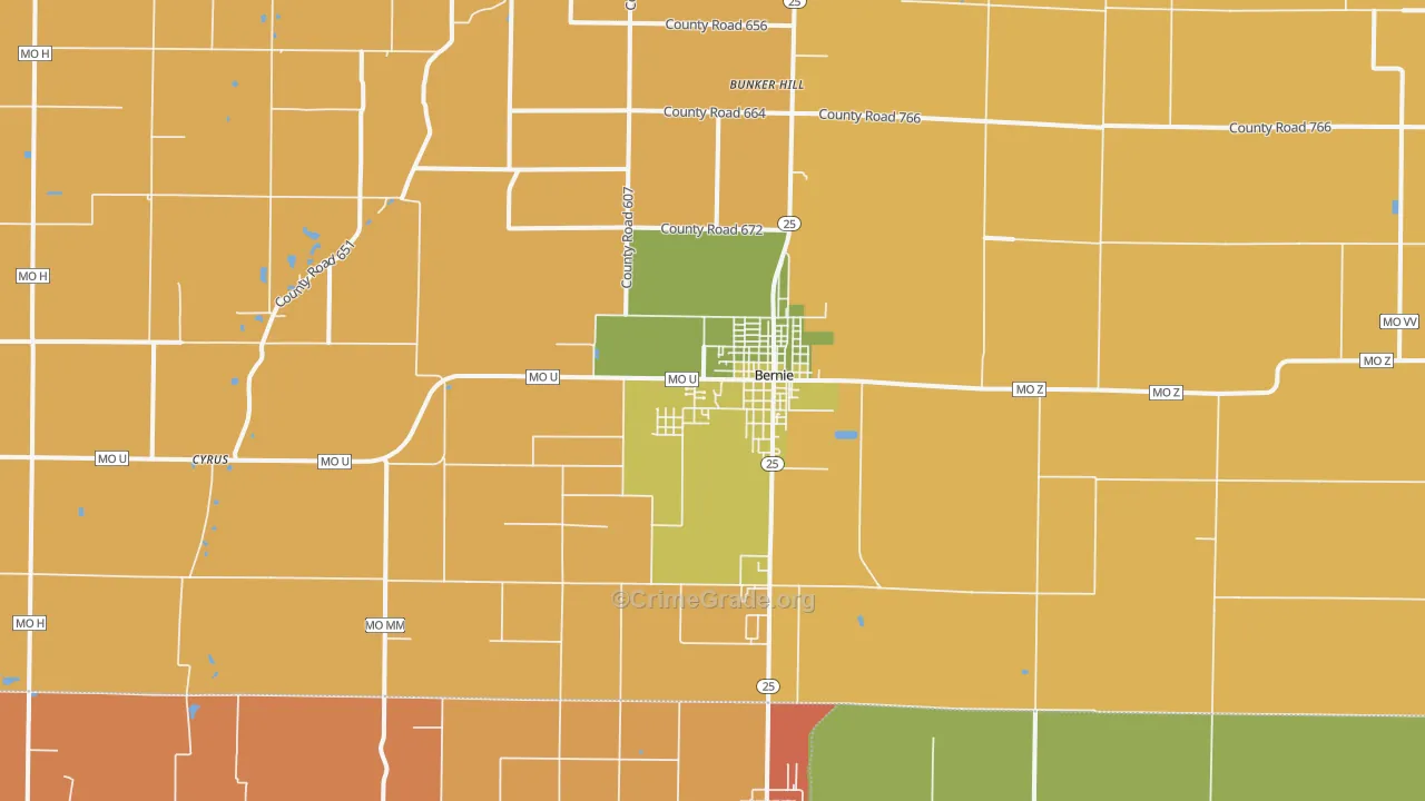 Bernie, MO Map of Burglary Rates