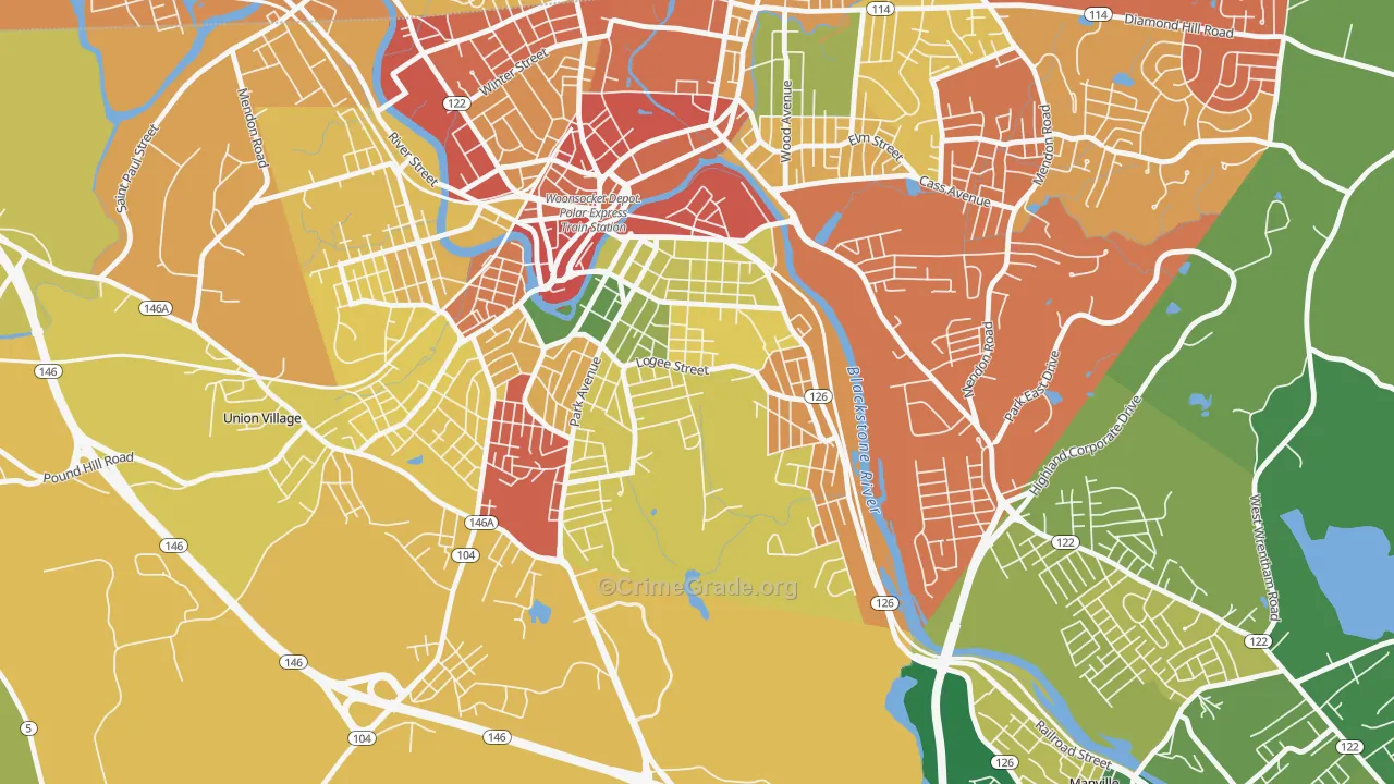 Bernon Heights, Woonsocket, RI Map of Burglary Rates
