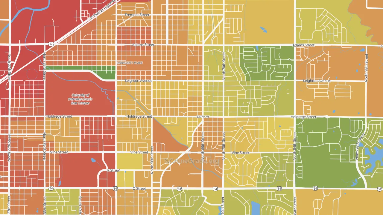 Bethany, Lincoln, NE Map of Burglary Rates