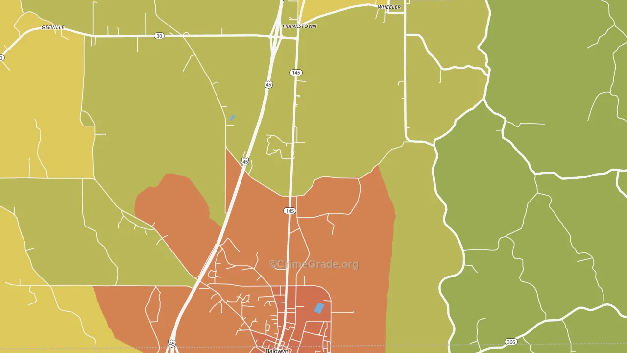 Bethany, MS Map of Burglary Rates