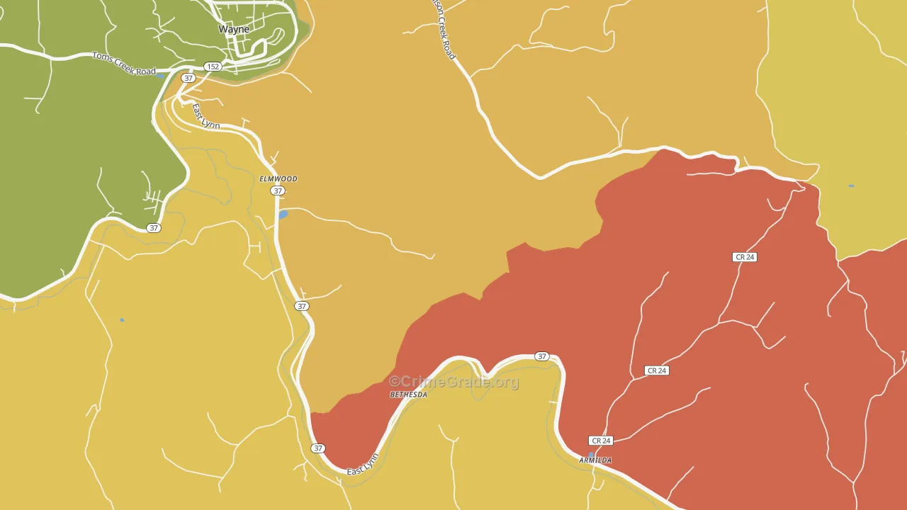 Bethesda, WV Map of Burglary Rates