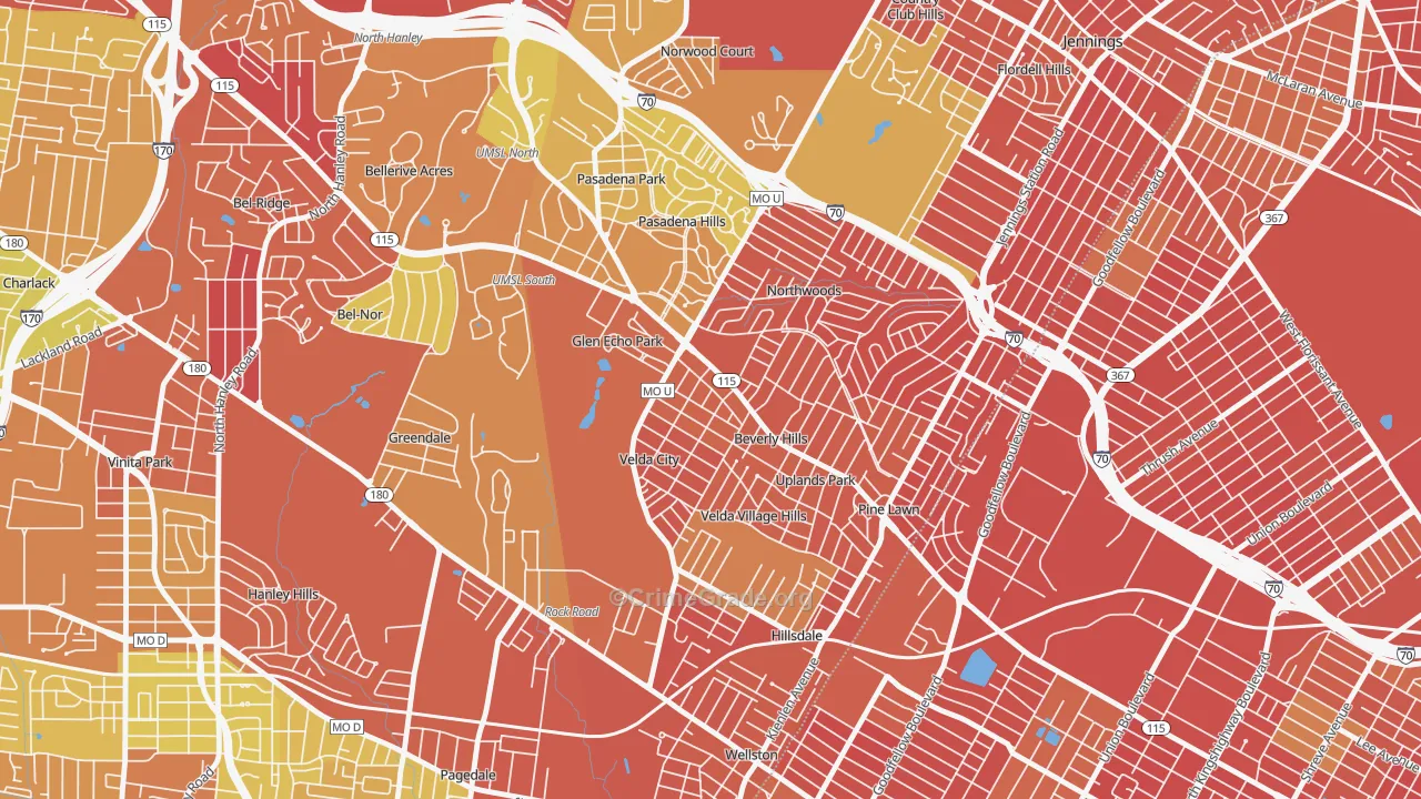 Beverly Hills, MO Map of Burglary Rates