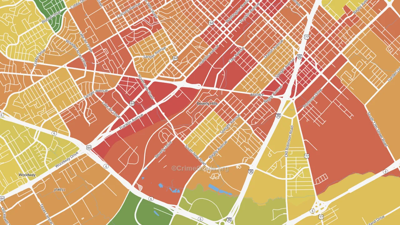 Beverly Hills, TX Map of Burglary Rates