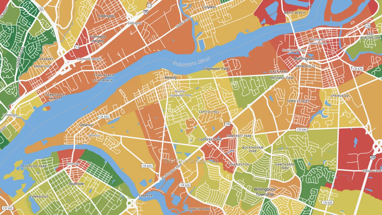 Beverly, NJ Map of Burglary Rates