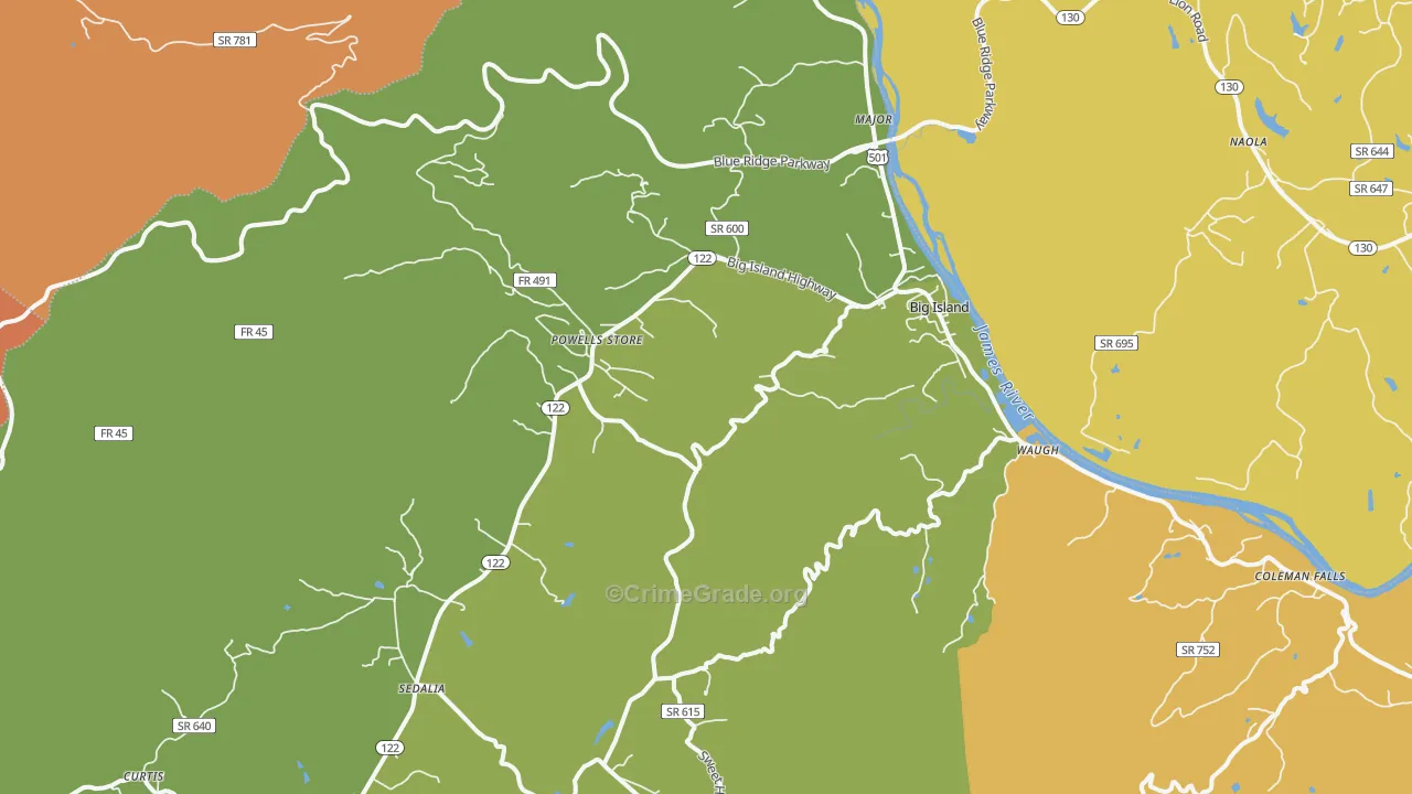 Big Island, VA Map of Burglary Rates