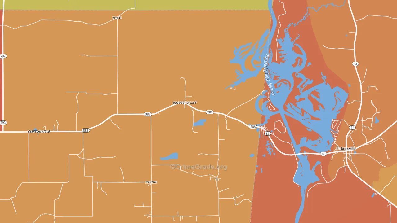 Bigbee Valley, MS Map of Burglary Rates
