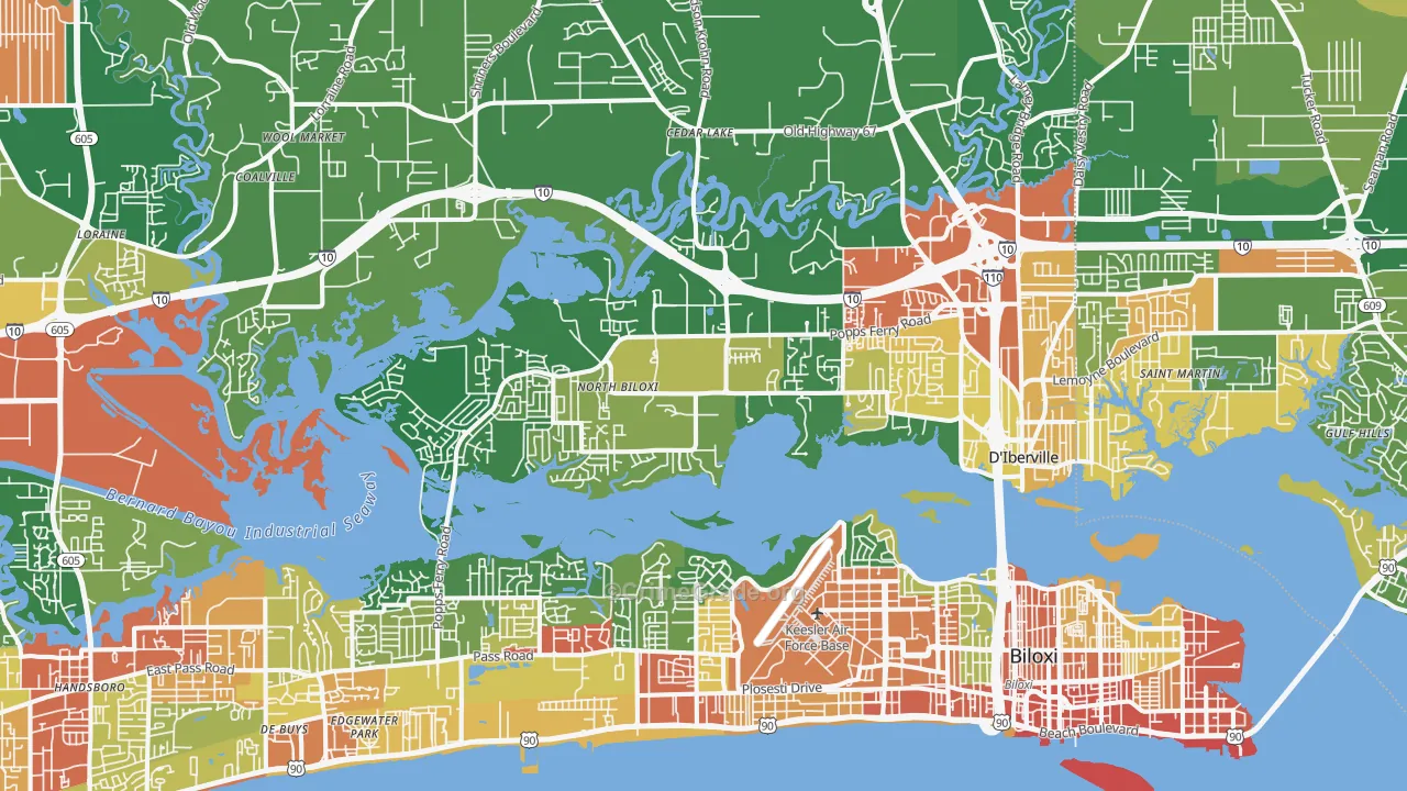 Biloxi, MS Map of Burglary Rates