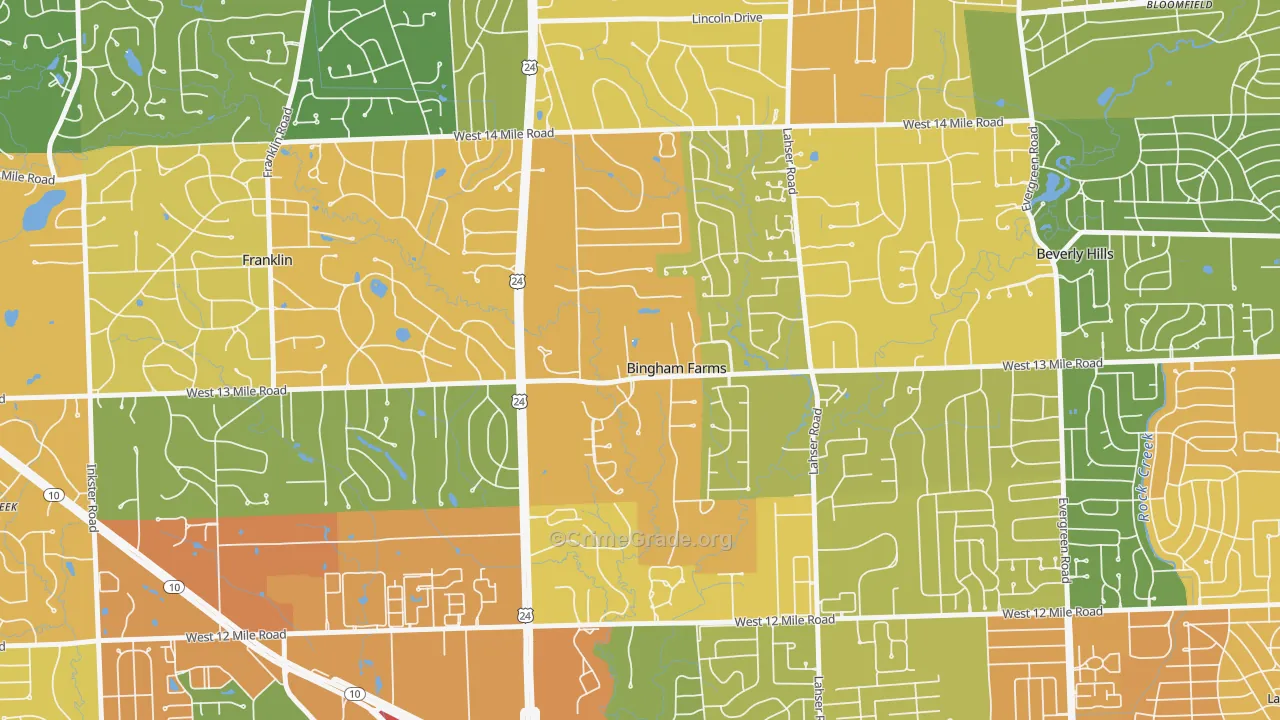 Bingham Farms, MI Map of Burglary Rates