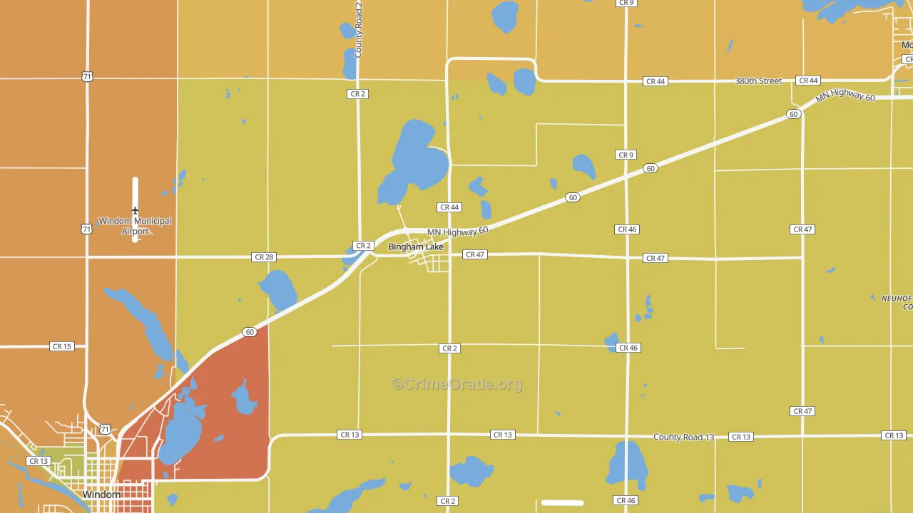 Bingham Lake, MN Map of Burglary Rates