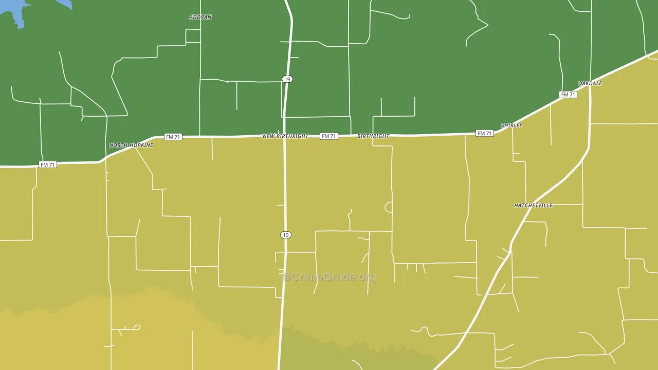 Birthright, TX Map of Burglary Rates