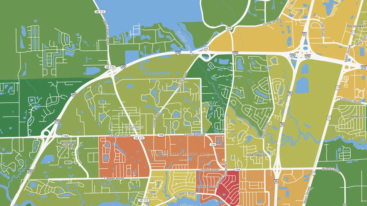 Biscayne, Jacksonville, FL Map of Burglary Rates