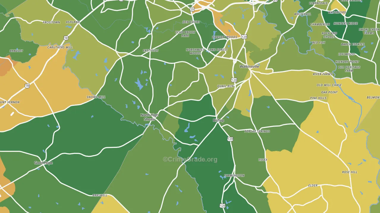 Bishop, GA Map of Burglary Rates