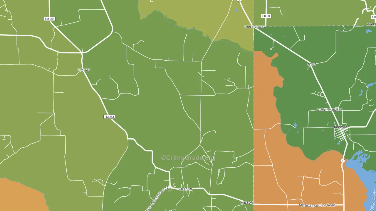 Bivins, TX Map of Burglary Rates
