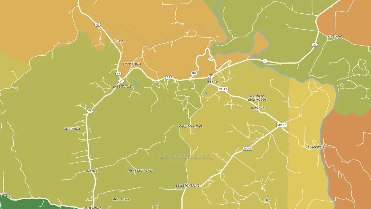 Blackwell, MO Map of Burglary Rates