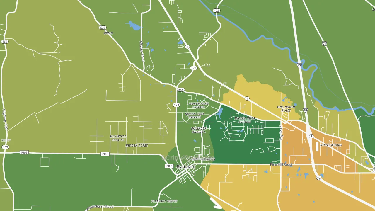 Blanchard, LA Map of Burglary Rates