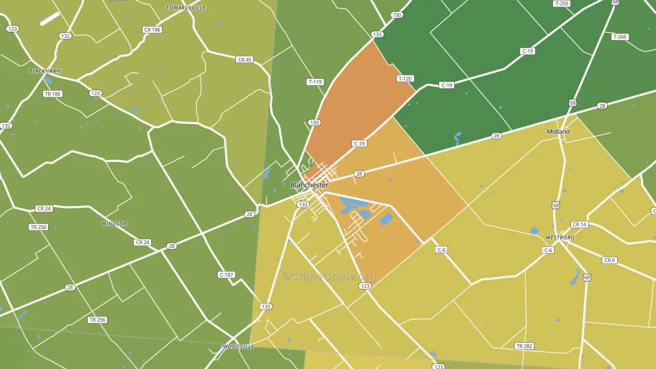 Blanchester, OH Map of Burglary Rates