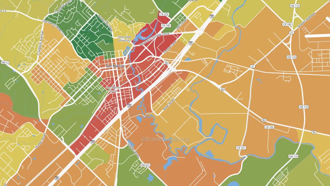 Blanco Gardens, San Marcos, TX Map of Burglary Rates