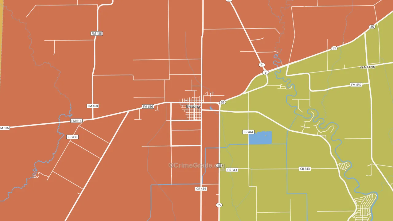 Blessing, TX Map of Burglary Rates
