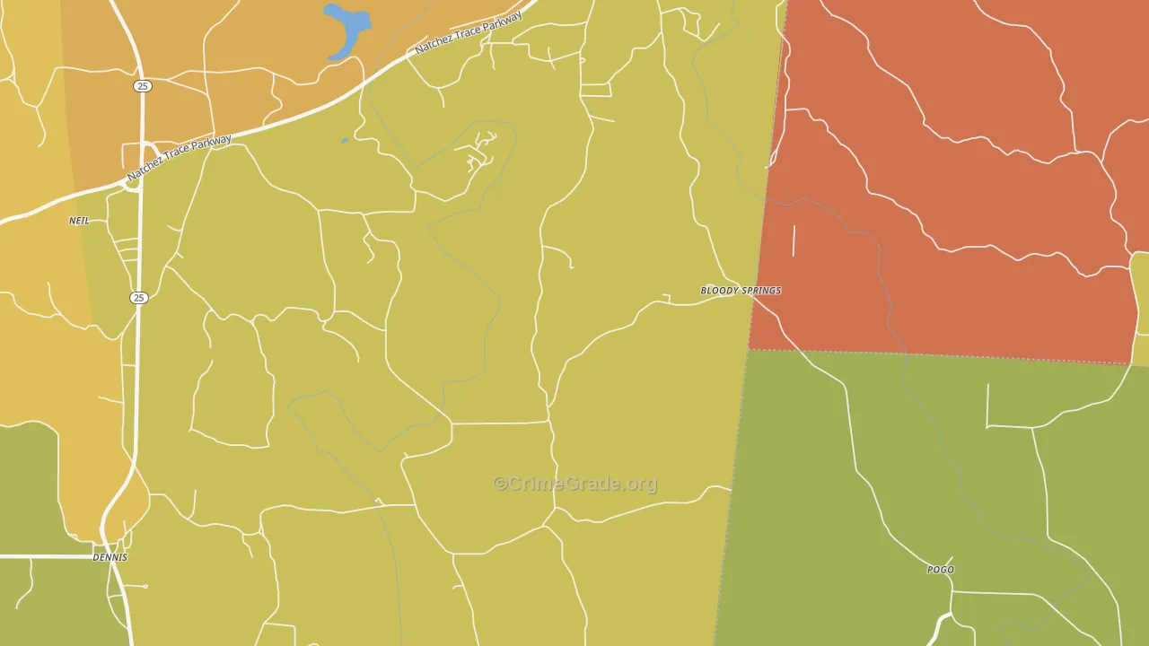 Bloody Springs, MS Map of Burglary Rates