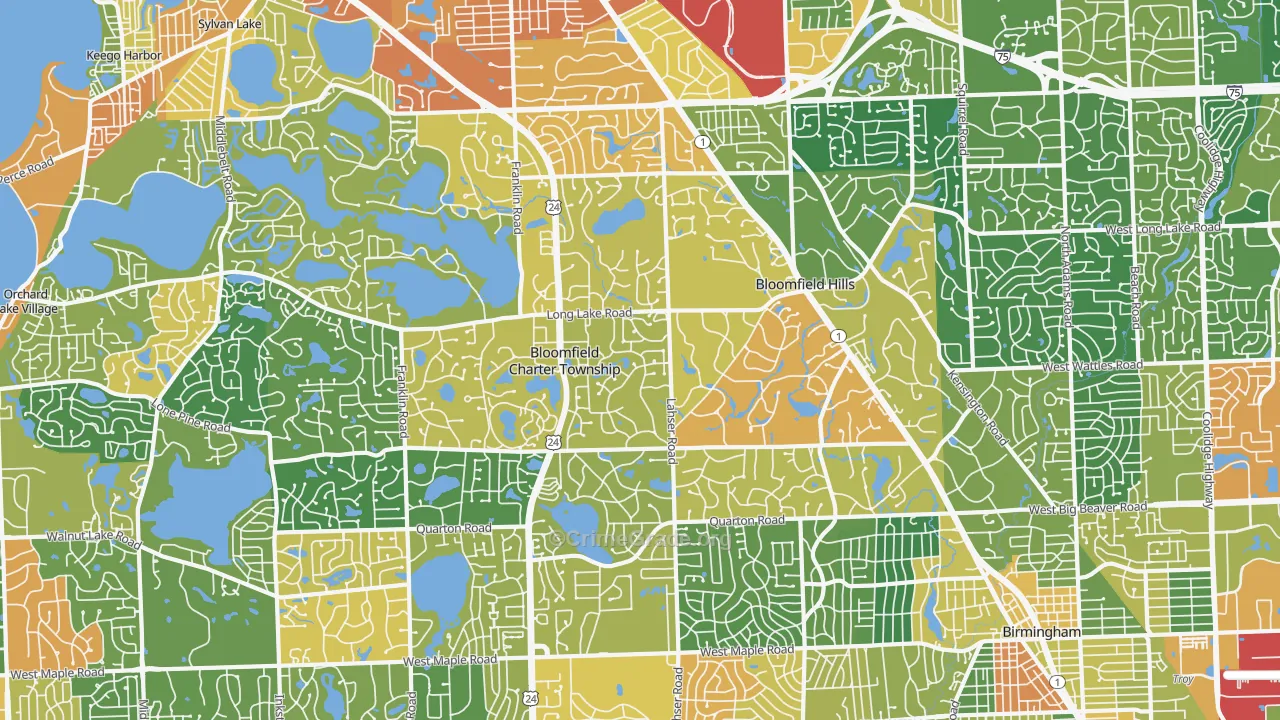 Bloomfield Hills, MI Map of Burglary Rates