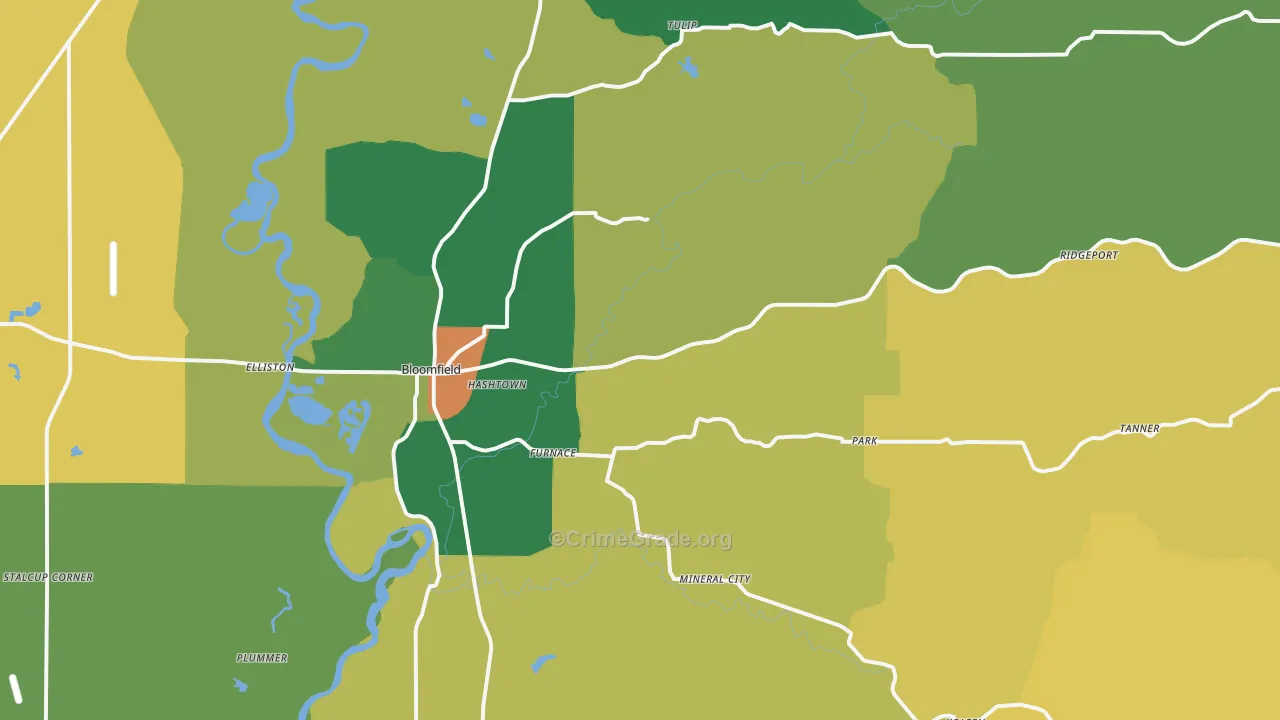 Bloomfield, IN Map of Burglary Rates