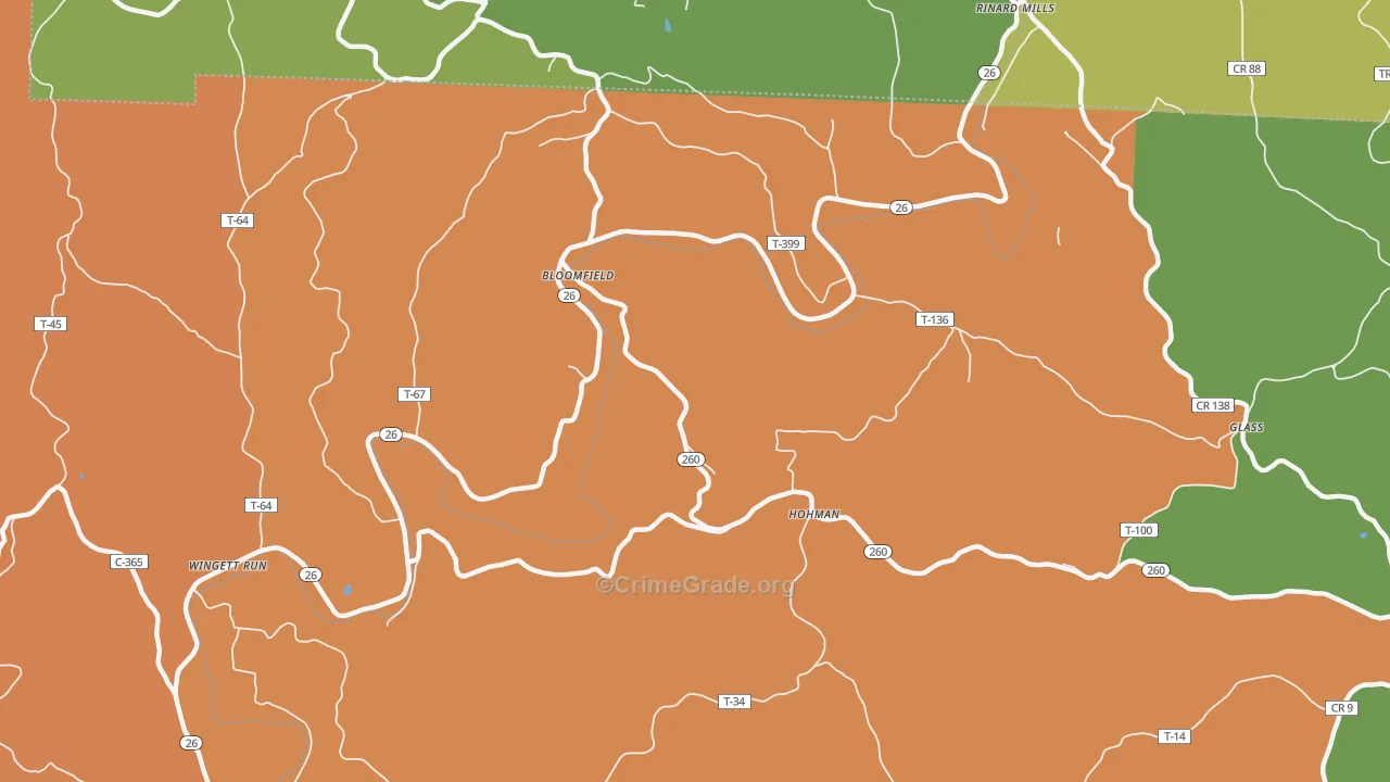 Bloomfield, OH Map of Burglary Rates