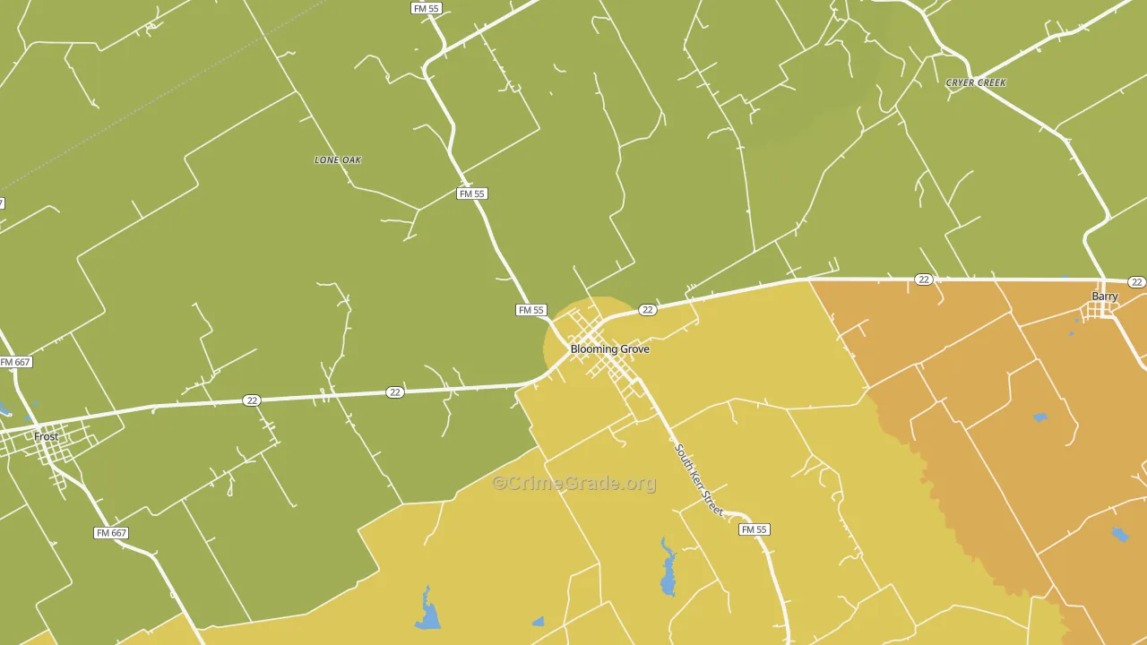 Blooming Grove, TX Map of Burglary Rates