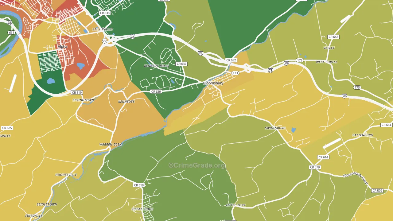 Bloomsbury, NJ Map of Burglary Rates