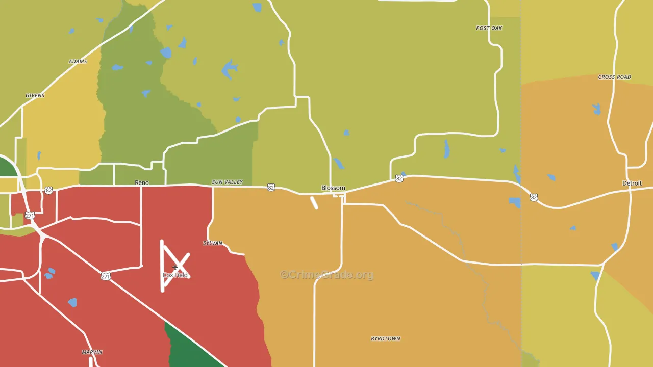 Blossom, TX Map of Burglary Rates