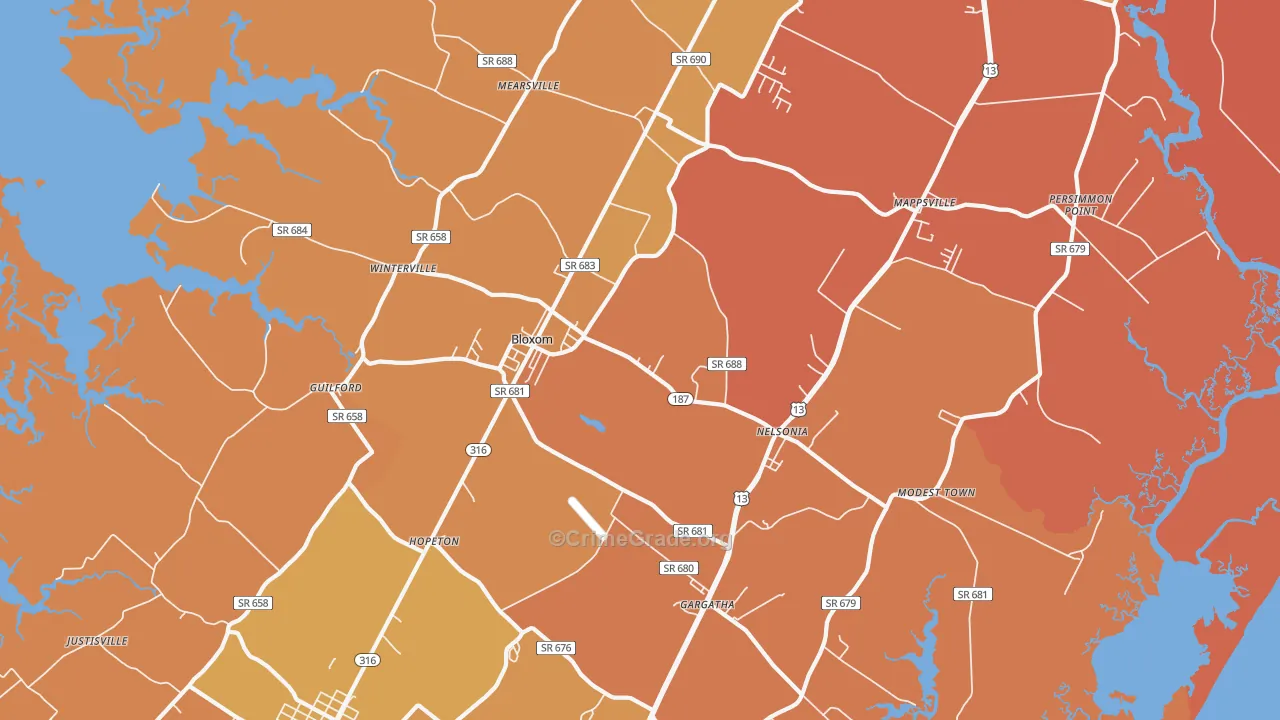 Bloxom, VA Map of Burglary Rates