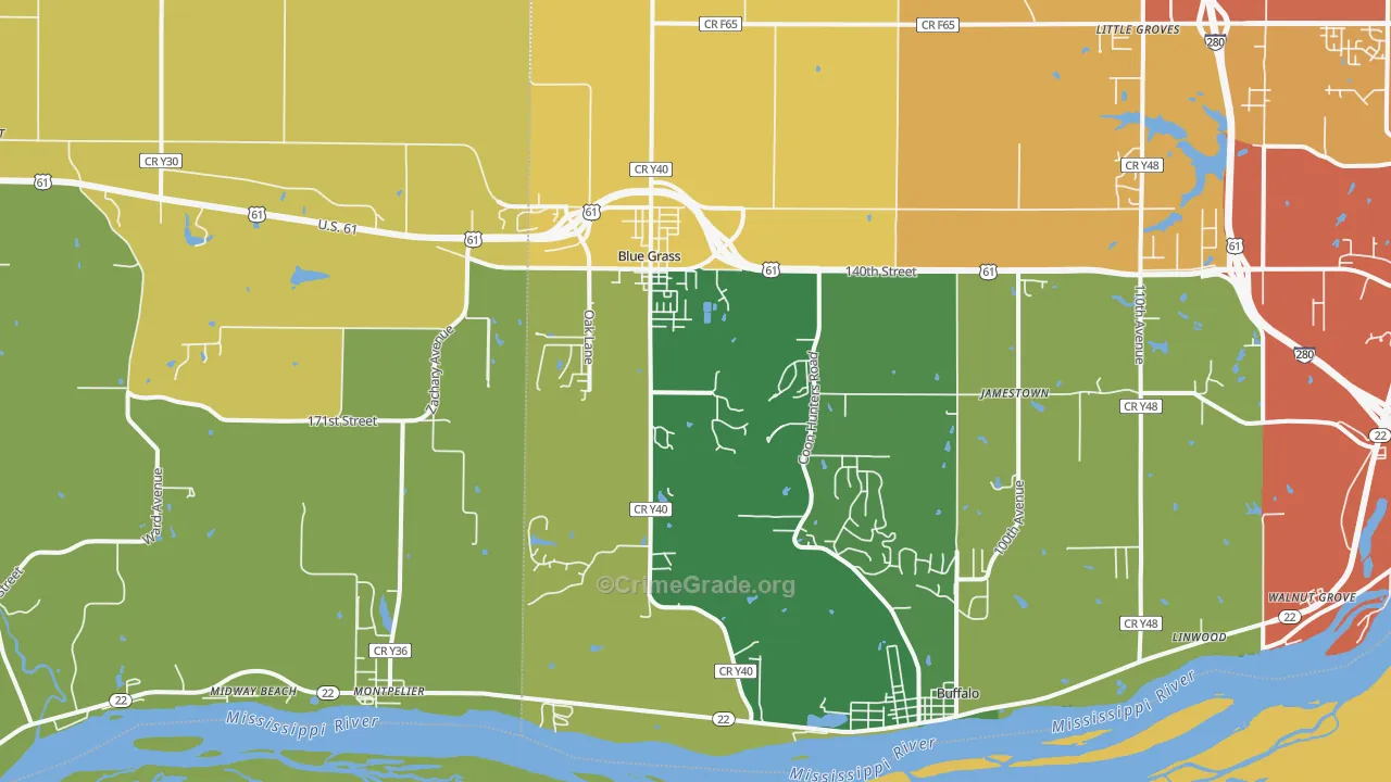 Blue Grass, IA Map of Burglary Rates