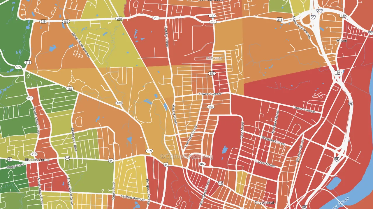 Blue Hills, Hartford, CT Map of Burglary Rates