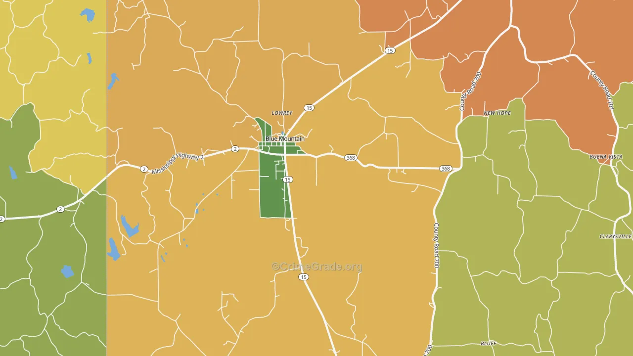 Blue Mountain, MS Map of Burglary Rates