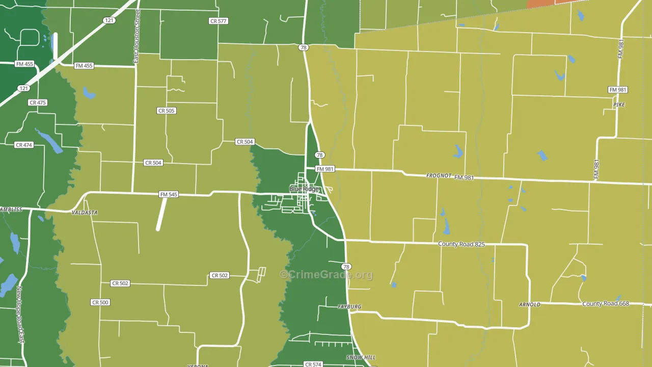 Blue Ridge, TX Map of Burglary Rates
