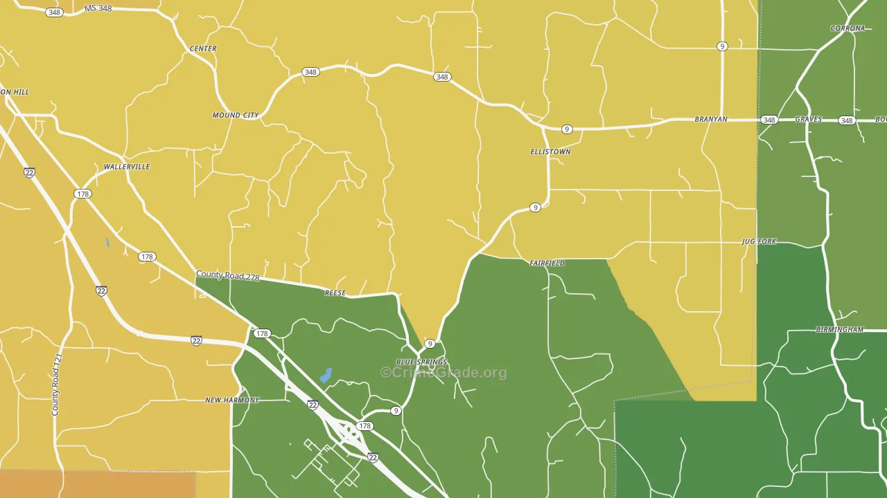 Blue Springs, MS Map of Burglary Rates