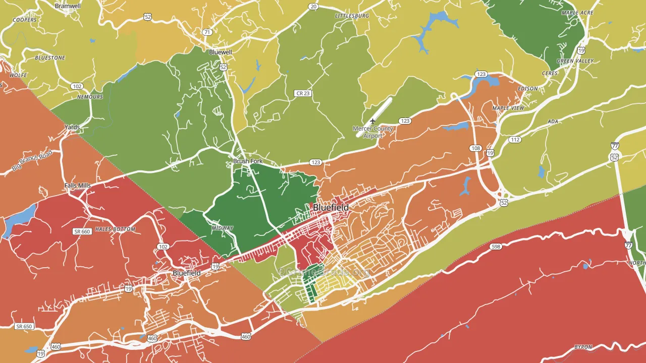 Bluefield, WV Map of Burglary Rates