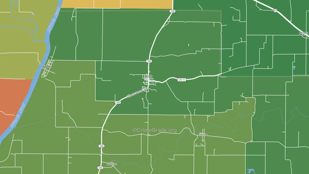 Bluffs, IL Map of Burglary Rates