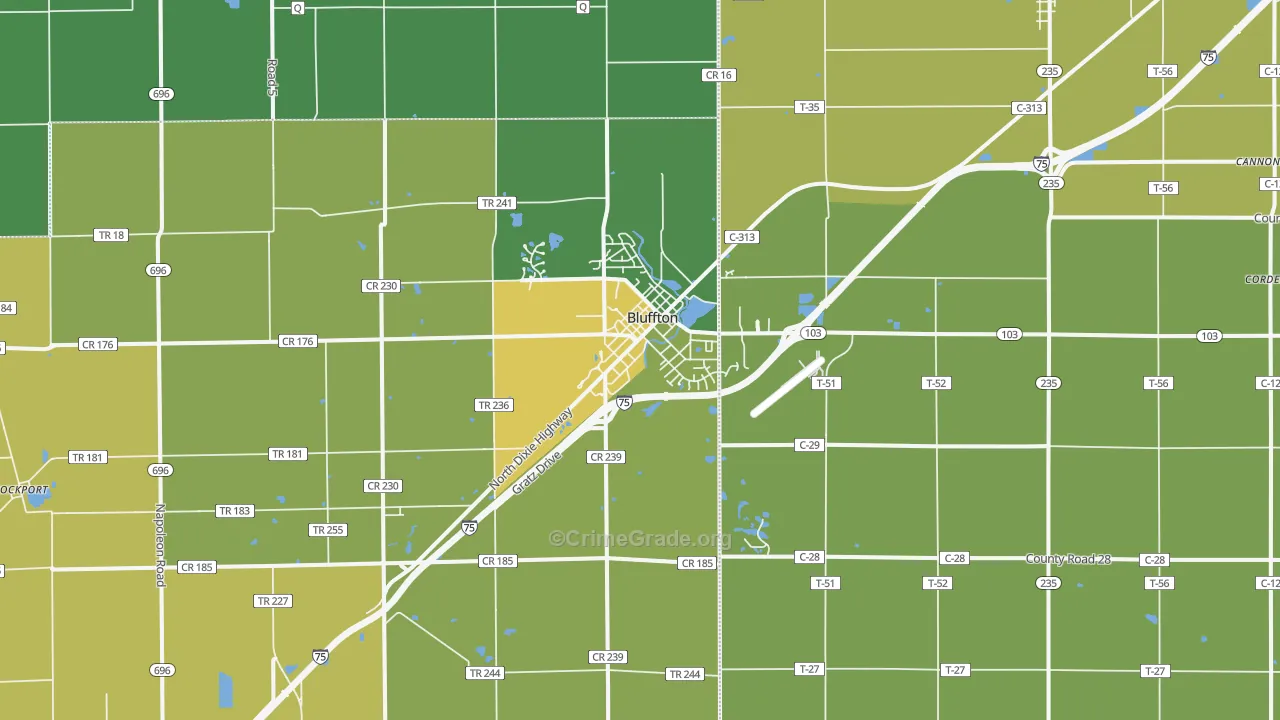 Bluffton, OH Map of Burglary Rates