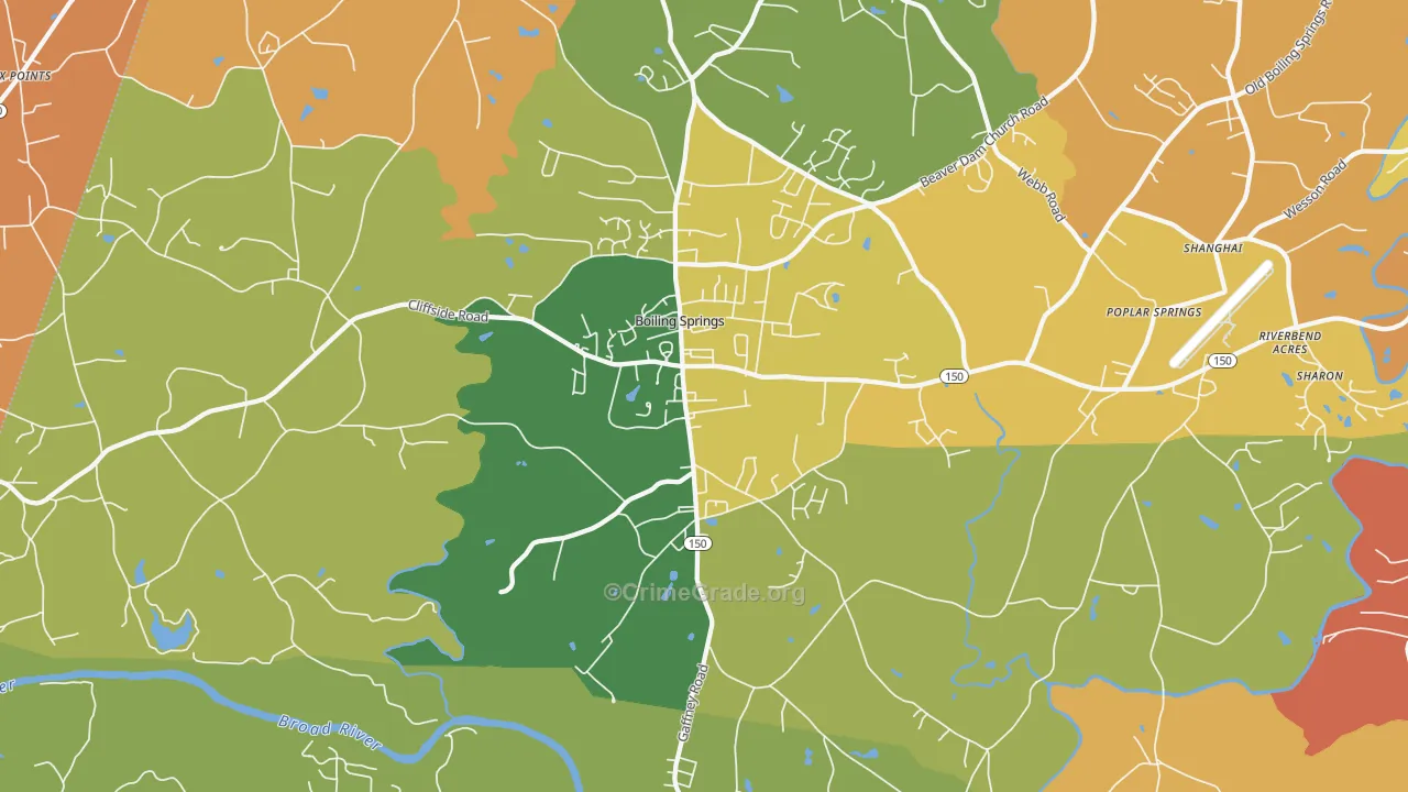 Boiling Springs, NC Map of Burglary Rates