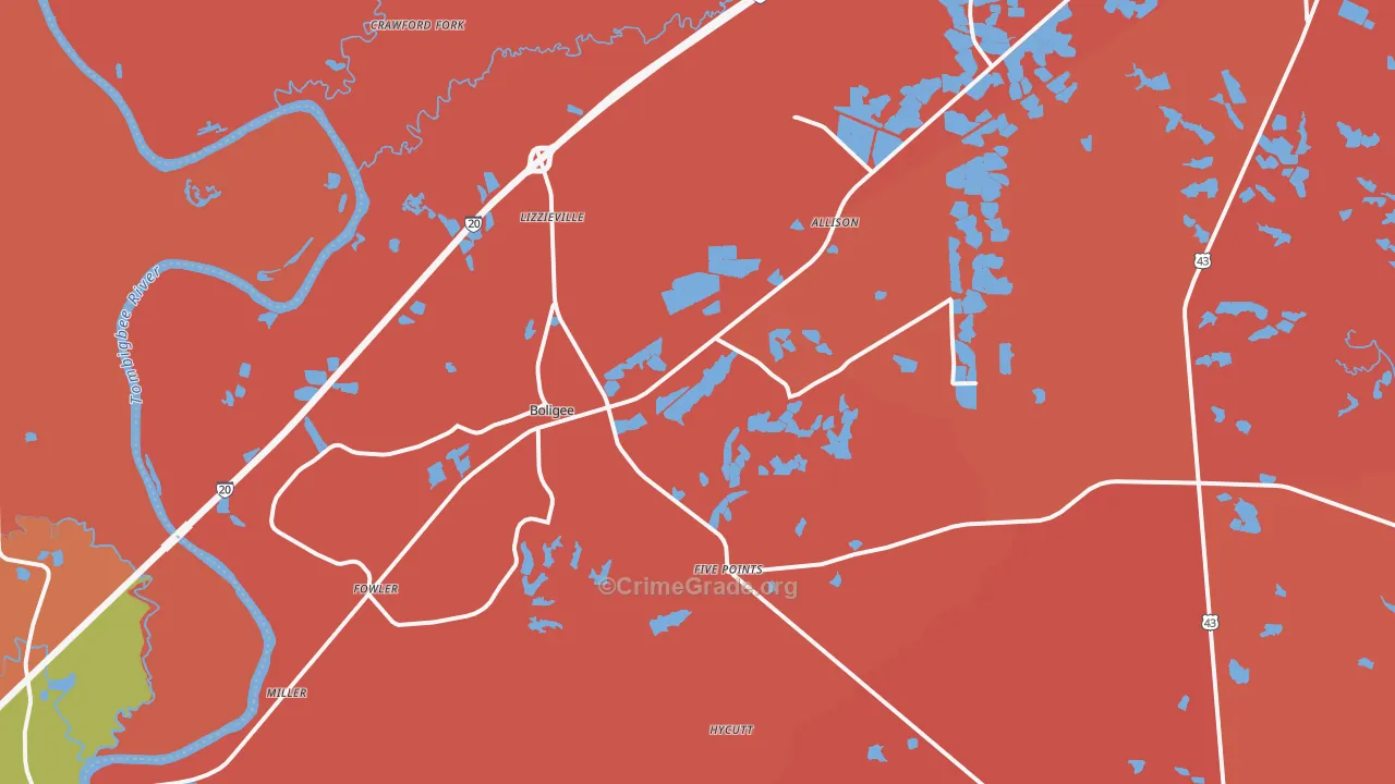 Boligee, AL Map of Burglary Rates