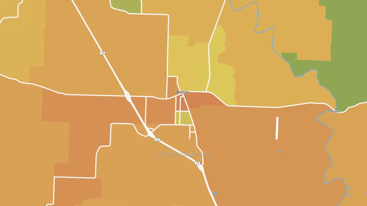 Bolivar, MO Map of Burglary Rates